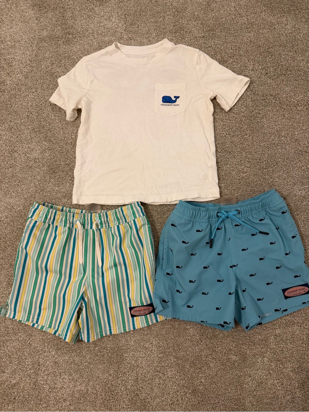 Vineyard Vines Lot. White Pocket Tee with Blue Whale Graphic, 2 pair swim trunks